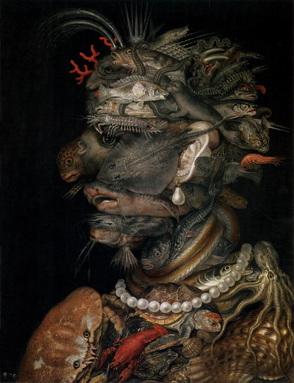An optical illusion painting of a female figure with pearl jewelry made up of individual aquatic creatures